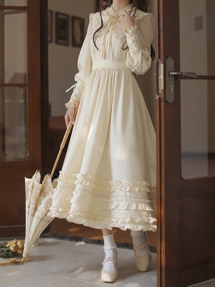 mit floralen Manschetten Hammelkeulenkragen Vintage-Ärmel Aprikosenkleid Schnürstickerei
