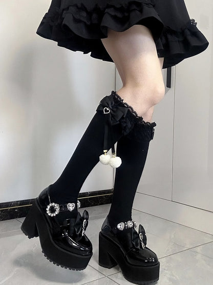 Jirai Kei Pompom Details Lace Cuffs Bowknots Underknee Stockings