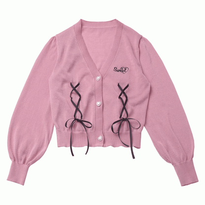 Pink Lace-up Details Front Heart Button Placket Summer Knit Cardigan