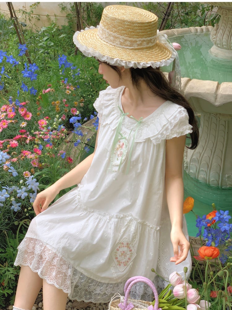 Mori Kei Dress White Floral Embroidery Lace Trim