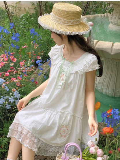 Mori Kei Dress White Floral Embroidery Lace Trim