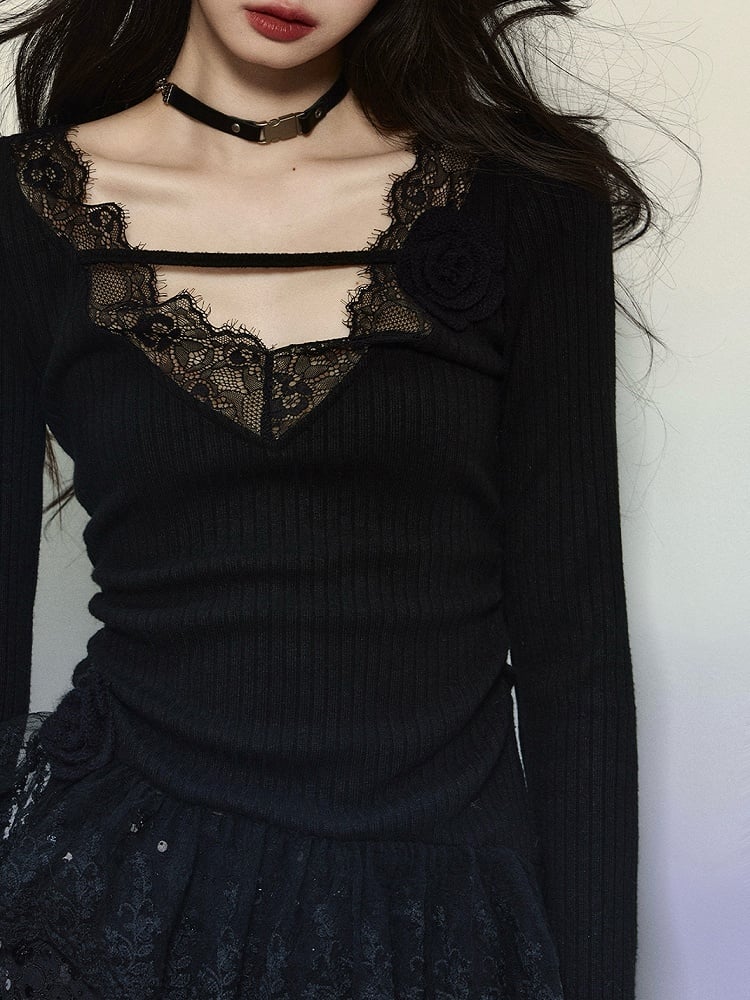 Black Lace Trim V-neck Knit Top