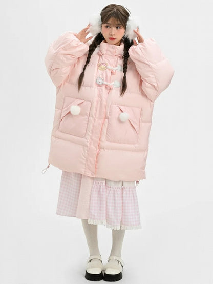 Pink Cute Bear and Kitty Plush Trim Hooded Down Coat