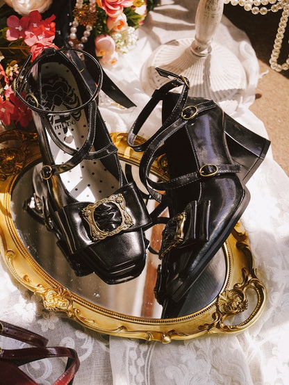 Bow - PU Top Mid Picture Elegant Toe Frame Lolita Vintage Black Heels at Design Square
