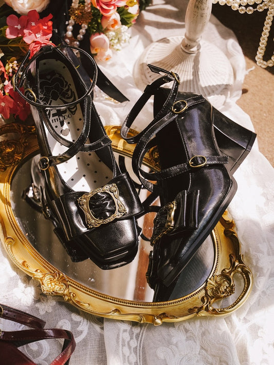 Bow - PU Top Mid Picture Elegant Toe Frame Lolita Vintage Black Heels at Design Square