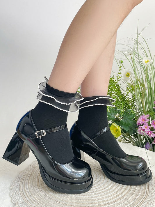 Black Double-Layered Organza Trim Lolita Ankle Socks