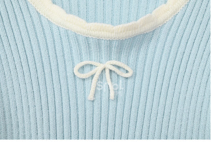 Blue Bowknot Details Round Neck Slim-fit Knit Top