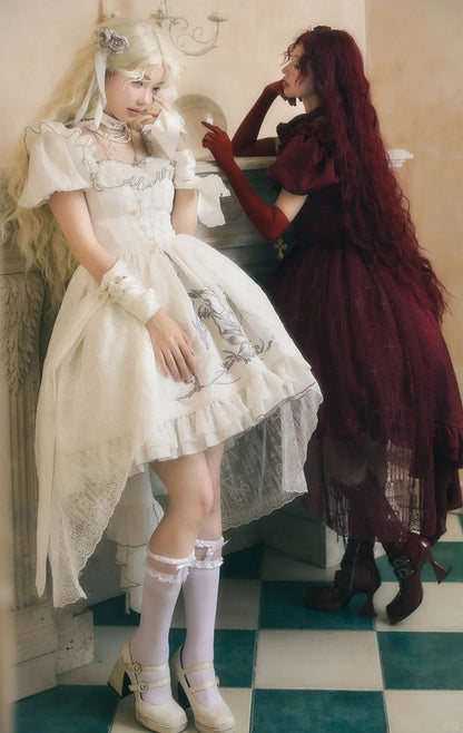 Robe jupe haute-basse blanche brodée d'os de dragon Shiro avec superposition de broderie cathédrale