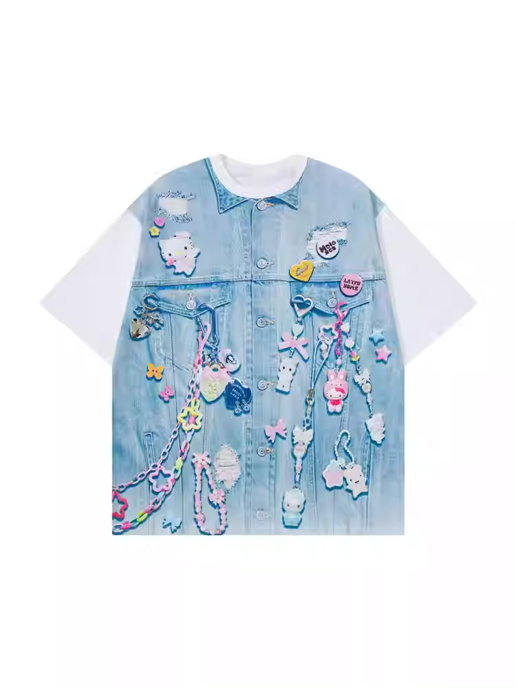 Summer Loose Design T-Shirt Blue Colorblock Denim Top Print