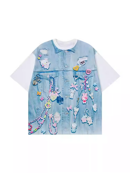 Summer Loose Design T-Shirt Blue Colorblock Denim Top Print