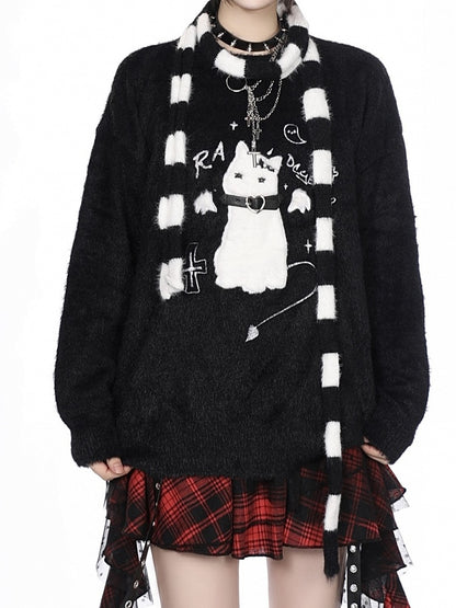 Detail Cat Belt Sweater Collar Knit Flocked Embroidery - Kawaii White/Black
