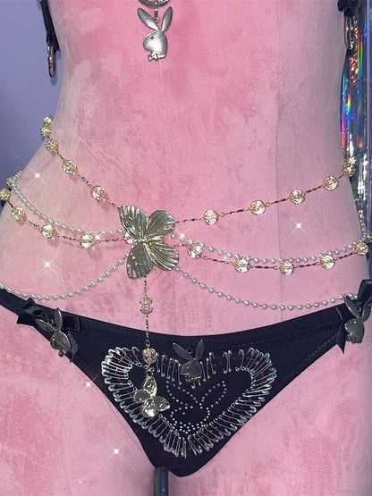 Y2K Kette Schmetterling verziert weiße Perlen Taille