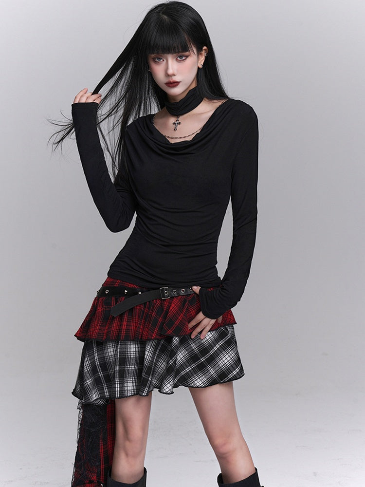 Red  Black Mesh Asymmetrical Plaid Skirt with PU Patchwork