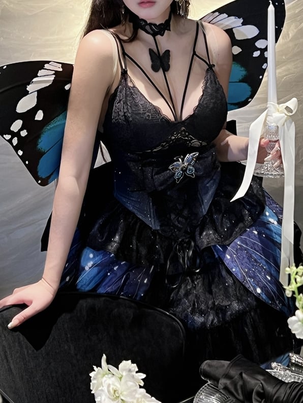 Corset + jupe à ailes de papillon féeriques bleu nuit scintillantes sous la poitrine