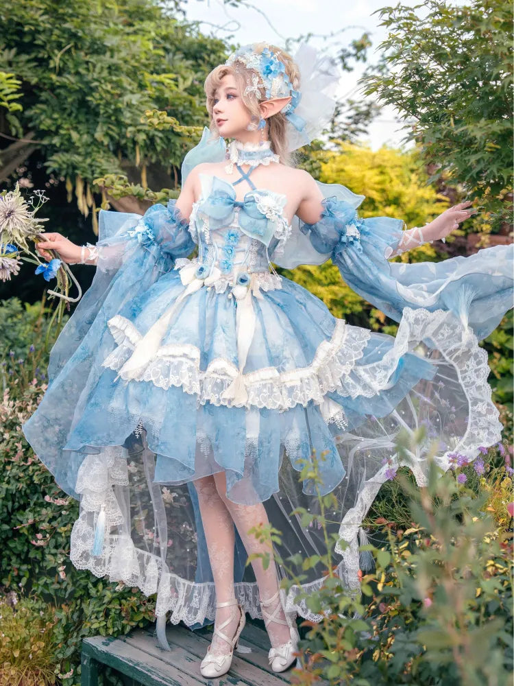 Full Princess Floral Butterfly Set Design Blue JSK Fairycore Lolita Dress