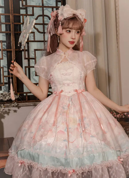 Robe Lolita rose à taille basque, imprimé pêche et fleurs de pêcher JSK