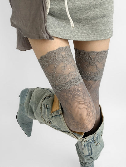 Lace Stockings Gray/White/Brown/Blue/Black Trim Over-knee Hollow-out Design