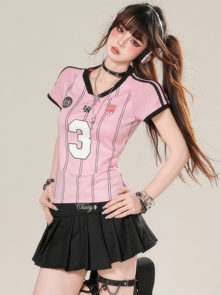 Glamorous T-shirt Print Number Striped Pattern V-neck Pink