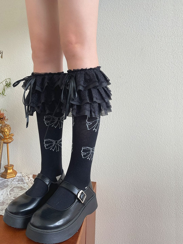 Weiße/schwarze Strümpfe mit Schleife und Spitzenbesatz, Lolita-Unterknöchel