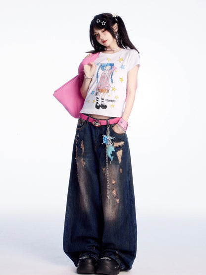 Dark Blue Low Vintage Wide-leg Jeans Waist Distressed Holes