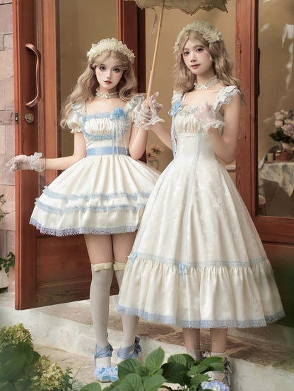 Lolita Lace and Puff Sleeves Dress Neckline Light Square Beige Trims Short Blue