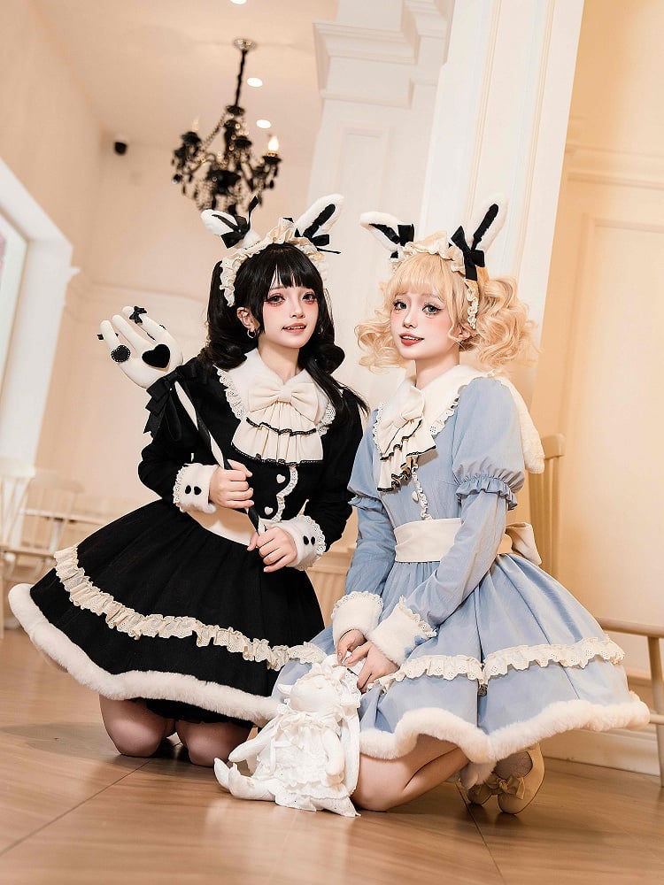 Plush Collar and Cuffs Black Sweet Lolita Dress with Removable Bunny Ears and Tail Back