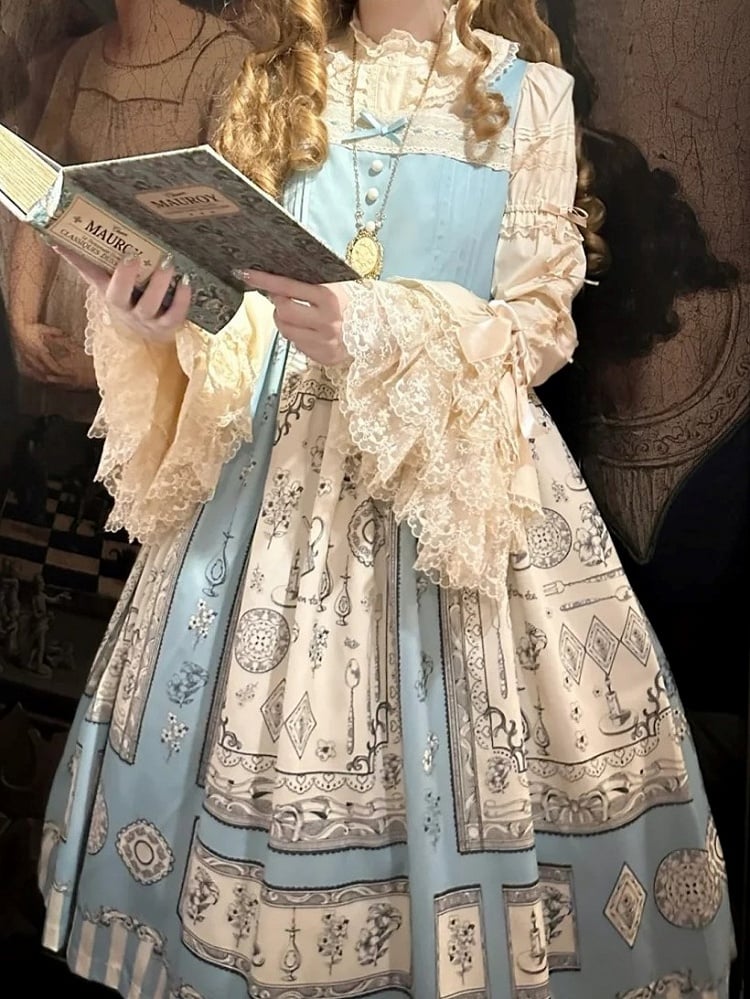 Dress Lolita Blue Print Square Neckline Elegant Classic with