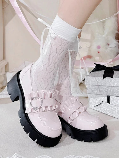 Schuhe Jirai 6,5 cm Pink Chunky Detail Kei mit Loafers Perlenabsatz Sweetheart Plateau