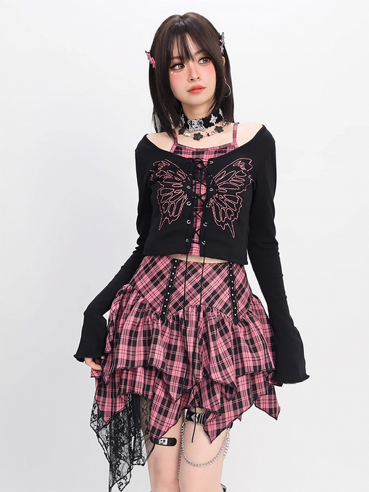 Top Faux Y2K Lace-up Front Butterfly Print Black Pink Plaid Two-pieces and