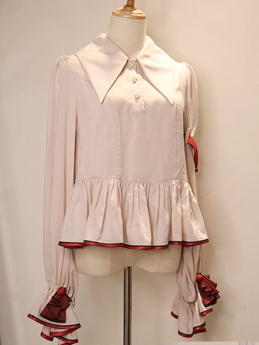 Flounce Contrast Shirt Hem Beige Trim Red