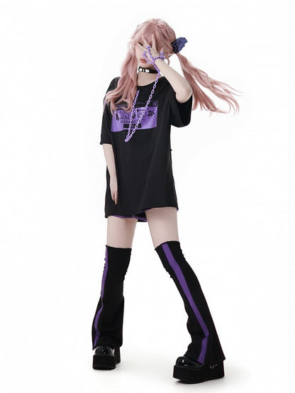 and Purple Elastic Waist Sports Shorts Black
