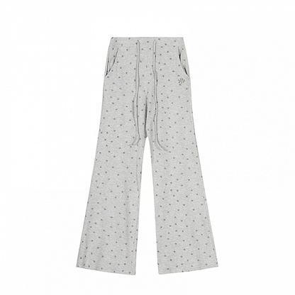 Grey Drawstring Waist Allover Pants Star Print Flared Casual