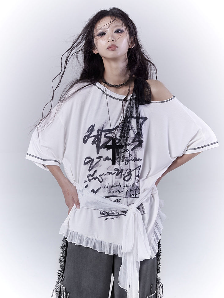 Graphic T-Shirt with Waist Hem White Asymmetrical Neckline Ruffle Strap Self-tie