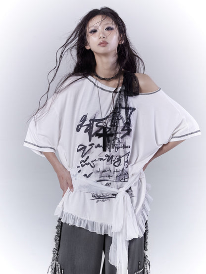 Graphic T-Shirt with Waist Hem White Asymmetrical Neckline Ruffle Strap Self-tie