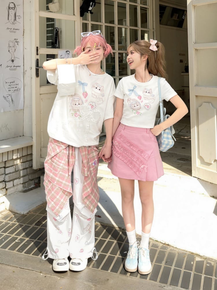 Cuffs Adorable Kitty Print Cargo Pockets Drawstring White Wide-Leg Pants