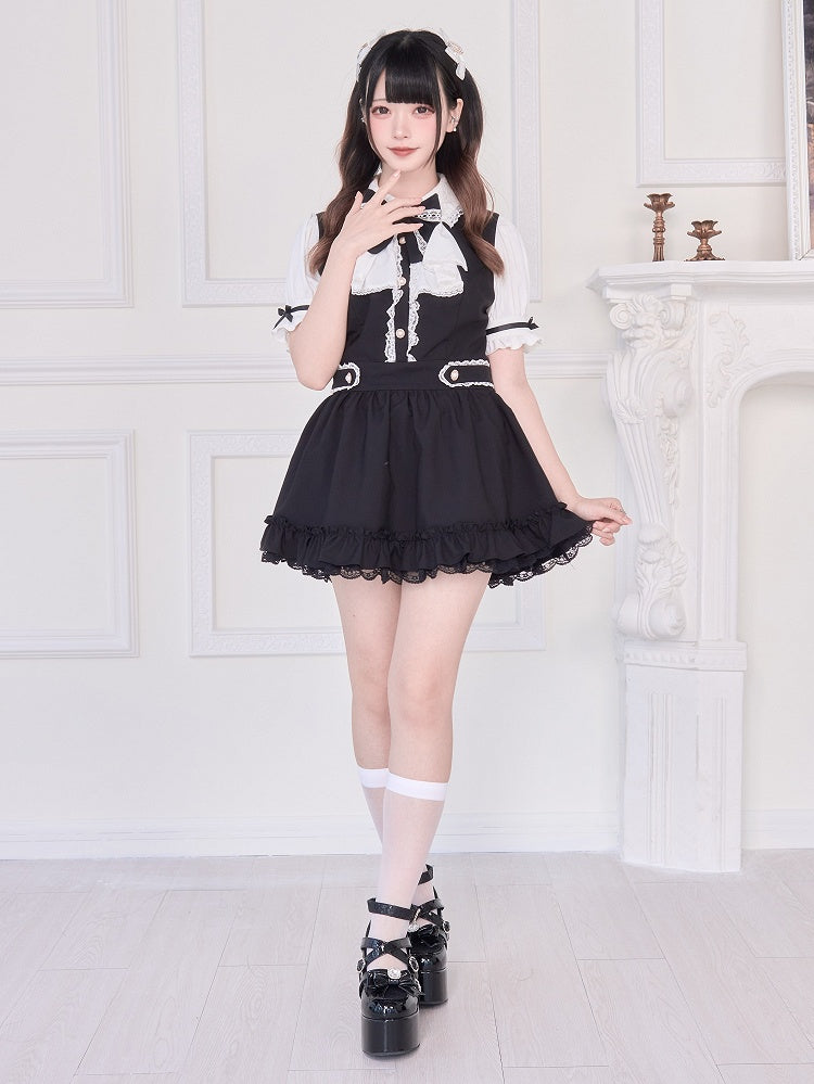 Kurzarm-Set: Shorts mit Rücken und Trägern, zweiteiliges schwarzes Kleid, passendes Jirai Kei zum Binden