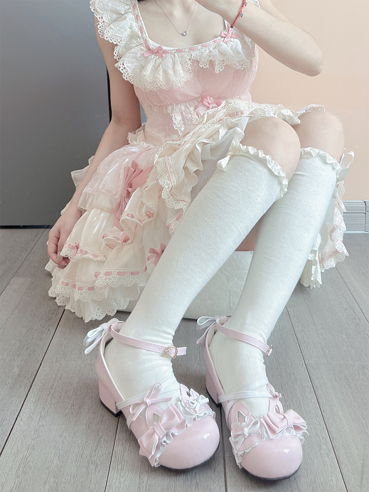 Milk White Sweet Ruffled Cuff Bowknot Underknee Stockings