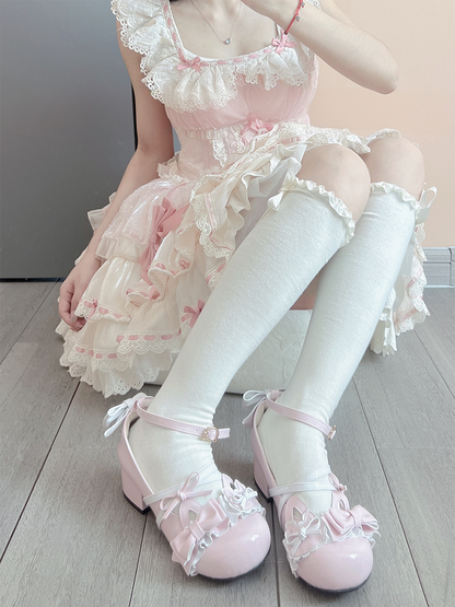 Milk White Sweet Ruffled Cuff Bowknot Underknee Stockings