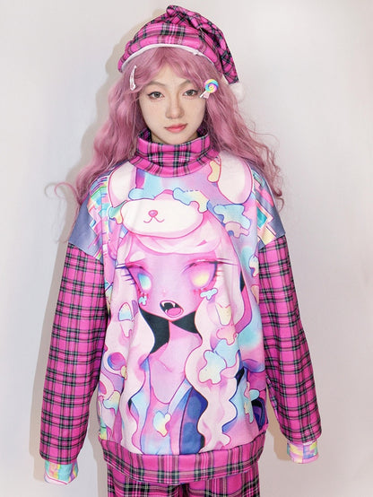 Oversized Sweatshirt With Cartoon And Plaid Print Gyaru Rose Fashion Red