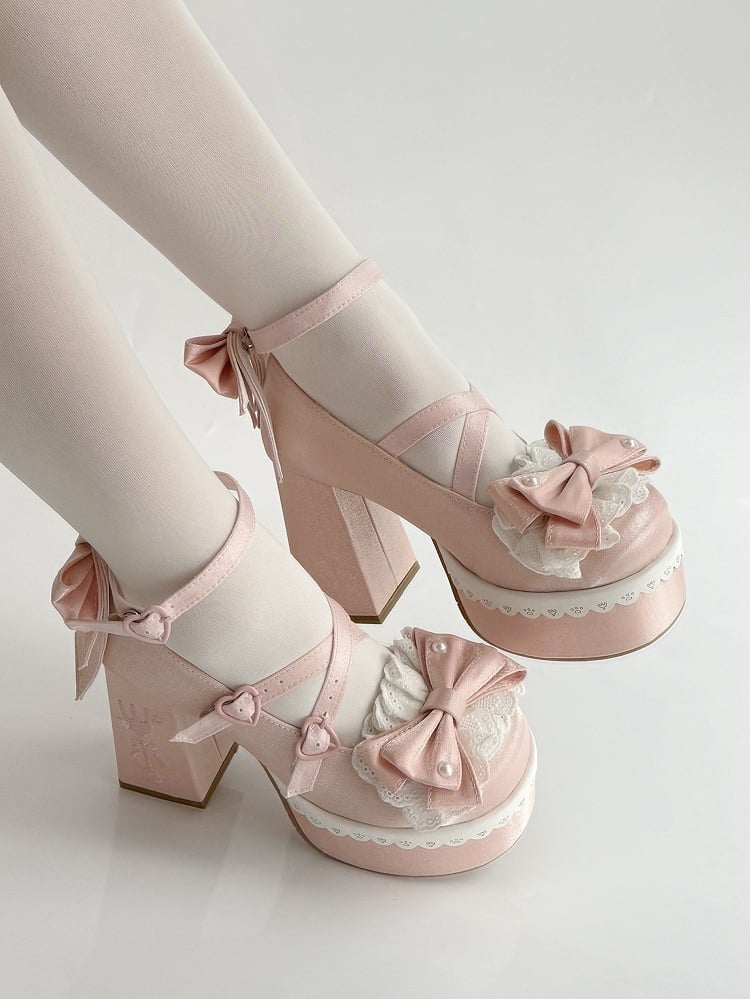 High Lace Pink Block Embroidery Buckle Heels Fork Bowknot Lolita Platform Straps