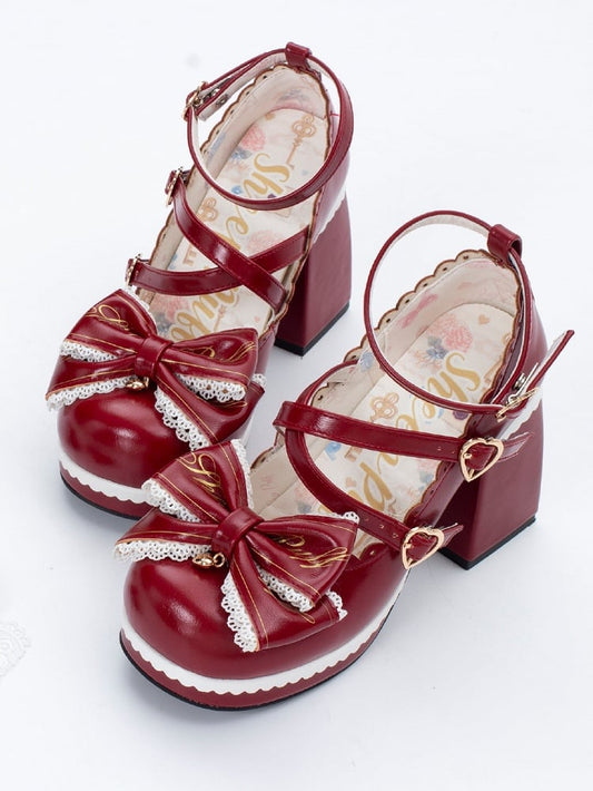 at Crisscross Design Red Block High Detachable Heels Heart Top Bow Buckles