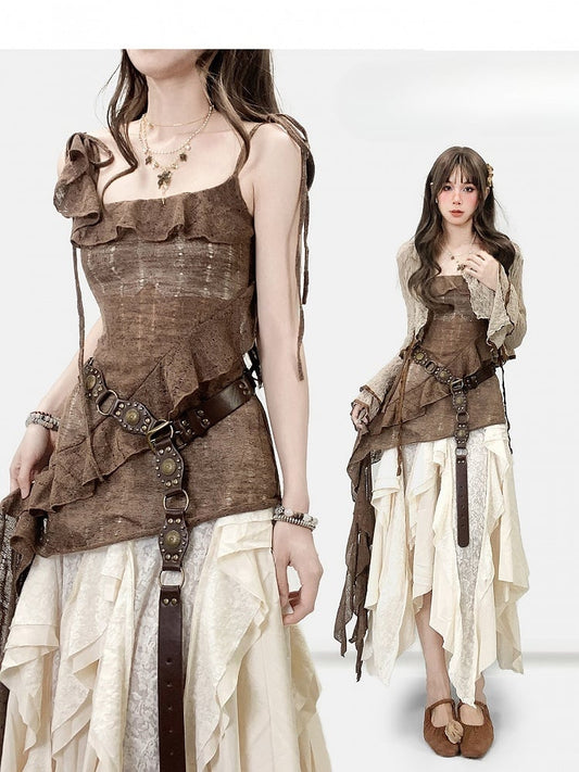 Bell Sleeves Hem White Millard Brown + Cardigan Fashion Dress Asymmetrical Cami Skirt