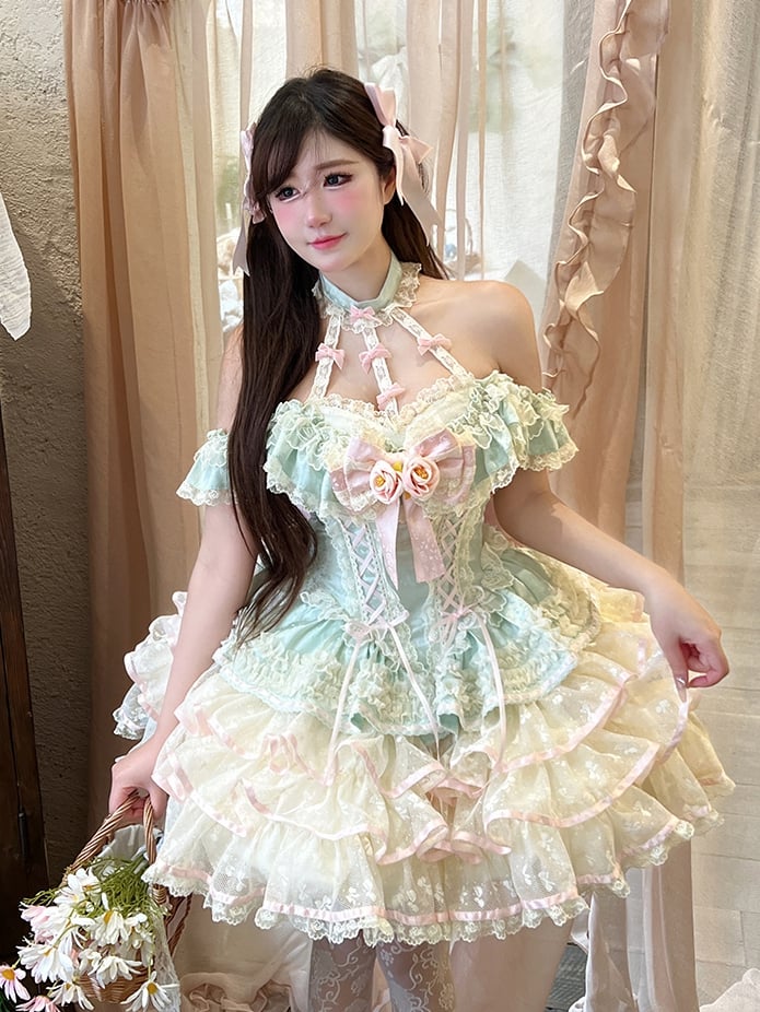Tiered Skirt Halter Kei Fairy Ruffles Neck Corset Lace Princess Dress Waist Mint Green
