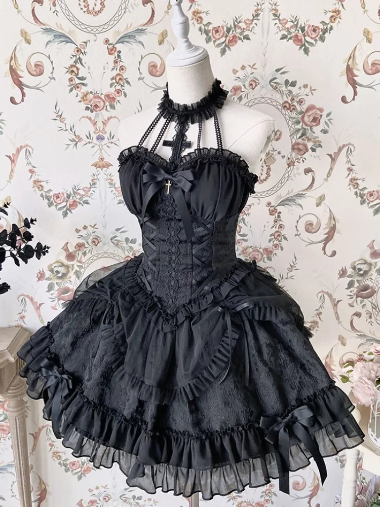 Cross Belle Black Halter Neck Corset Dress Gothic Lolita JSK