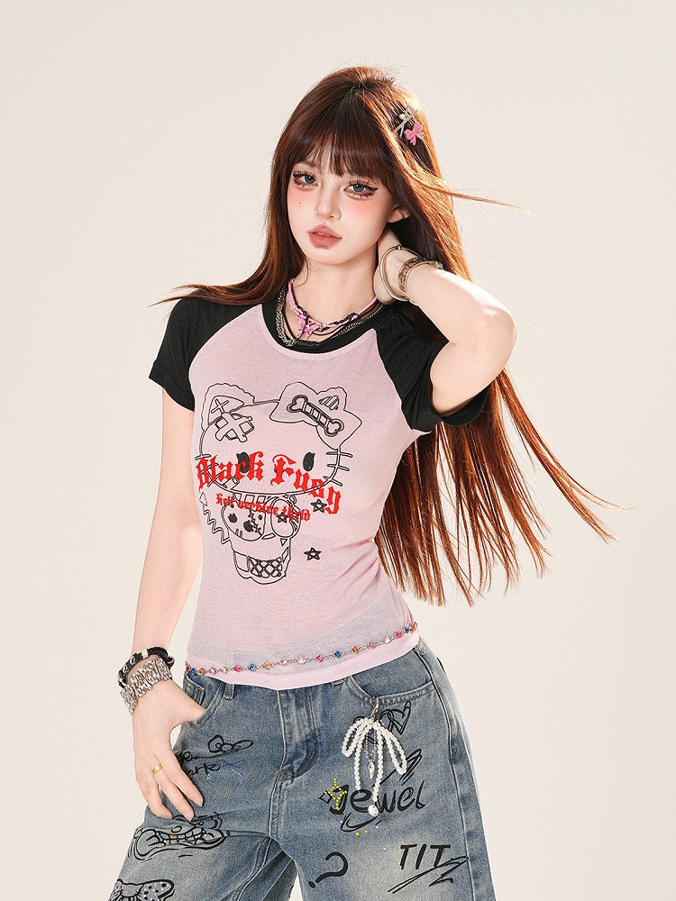 Gray/Pink Colorblock Design Kitty Print T-Shirt