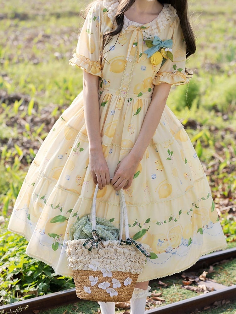 and Spring Chick Dress Sleeves Short Summer for Print Lolita Lemon Yellow