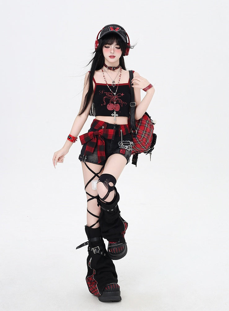 Red Denim Shorts Plaid Bowknot Black Glamorous