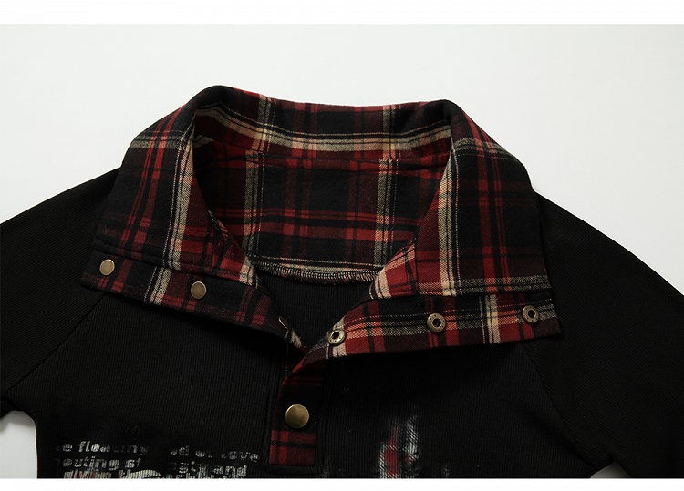 Black&Red Plaid Polo Collar Drawstring Waist Top