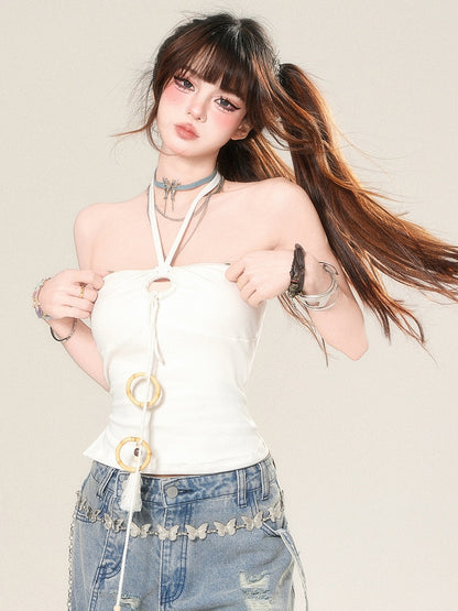 Straps Neck Tassel Top White Halter Glamorous