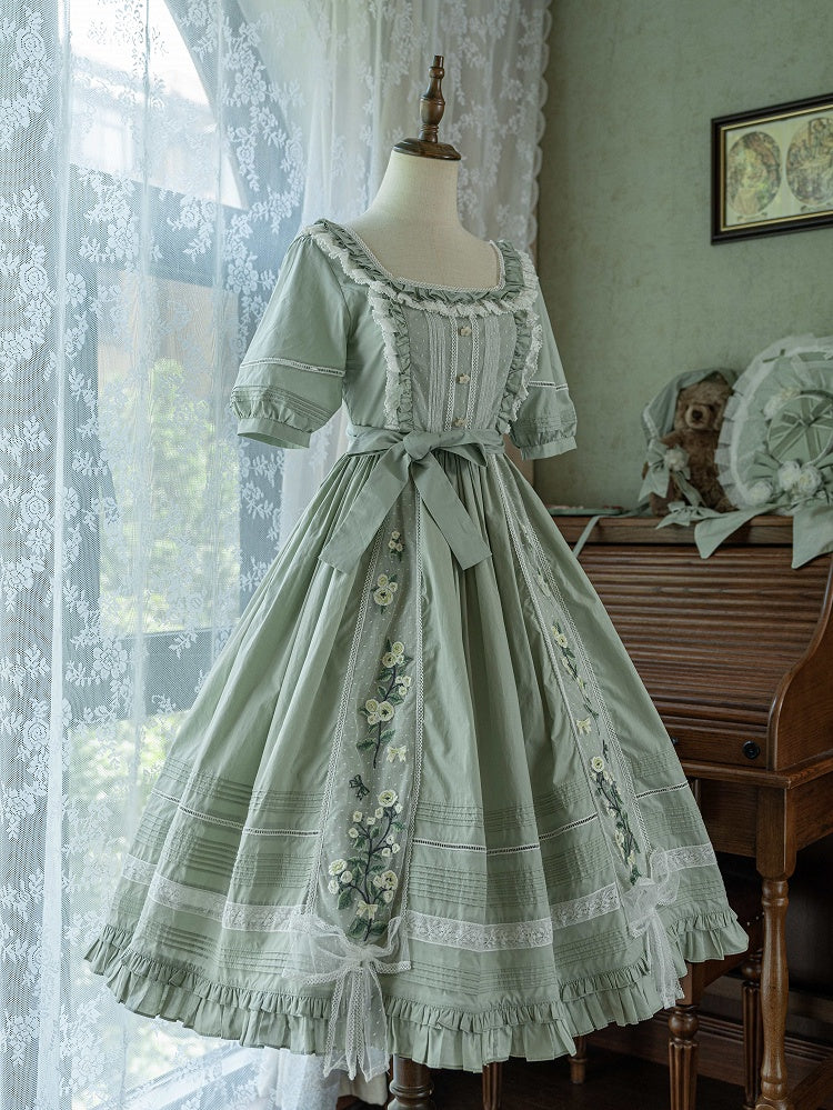 Jasmine Stickerei Baumwolle Ausschnitt Lolita Kleid Helles Quadrat Grün